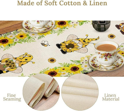 Summer Sunflower Gnome Table Runner, Buffalo Plaid Bee Farmhouse Seasonal Table Decoration for Outdoor Home Party Kitchen Dining Holiday 13x36in