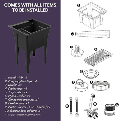 Freestanding Utility Sink with One Handle Black Faucet - 24" Plastic Utility Sink for Garage, Laundry, Indoor and Oudoor Use - Laundry Tub Kit by Noah William Home - Black (19.5 gal)