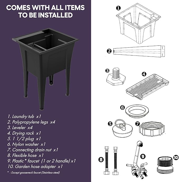 Freestanding Utility Sink with Stainless Steel Gooseneck Faucet - 24" Plastic Utility Sink for Garage, Laundry, Indoor and Oudoor Use - Laundry Tub Kit by Noah William Home - Black (19.5 gal)