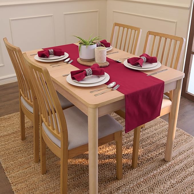 Encasa XO Table Runner 13"x104" Long | Cotton Canvas Fabric | Rich Maroon Solid Color | Machine Washable & Durable