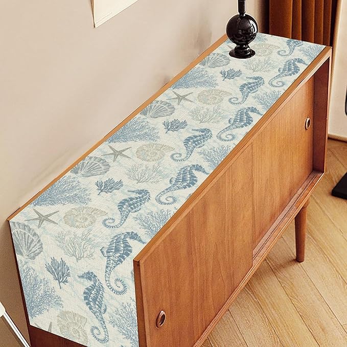 Nautical Table Runner, Summer Coastal Starfish Seashells Coral Seahorse Tropical Ocean Beach Blue Farmhouse Coffee Table Center Decor for Home Kitchen Dining Indoor Outdoor Table Decorations, 13"x72"