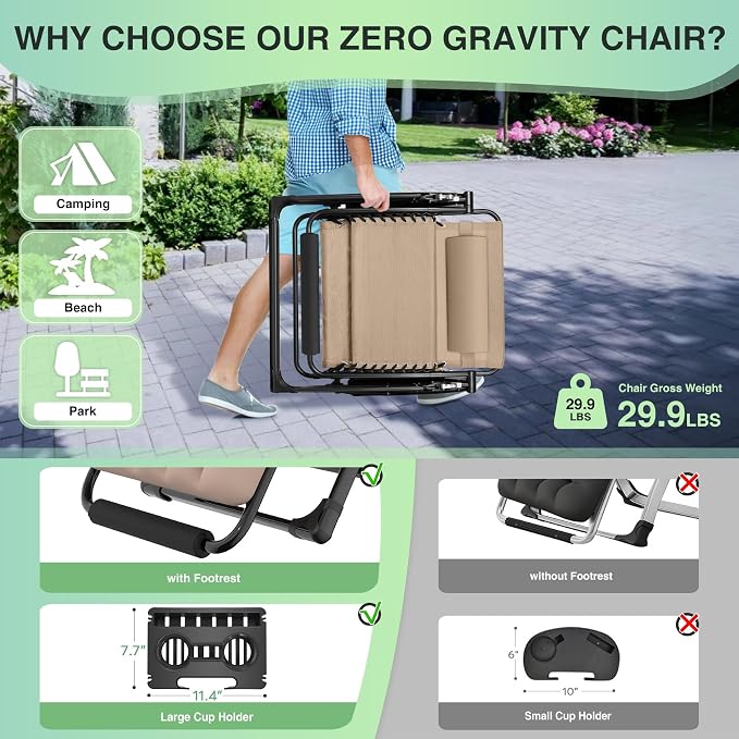 Suteck Oversized Zero Gravity Chair, 500LBS 29In XL Outdoor Recliner Chairs | - Image 5