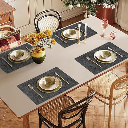Faux Leather Heat Resistant Placemats Set of 4 – Waterproof Oilproof Wipeable Dining PU Place Mat Easy Clean Table Mats for Kitchen/Dining/Party/Holiday, Dark Grey