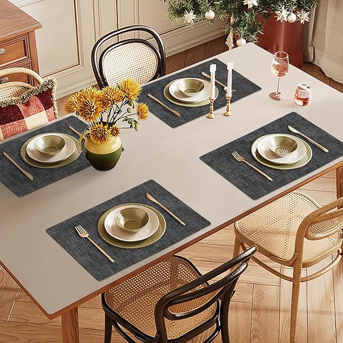 Faux Leather Heat Resistant Placemats Set of 8 – Waterproof Oilproof Wipeable Dining PU Vinyl Place Mat Easy Clean Table Mats for Kitchen/Dining/Party/Holiday, Dark Grey