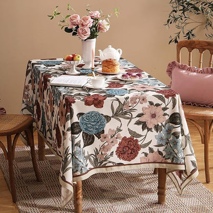 French Linen Tablecloth for Rectangle Table,Red and Blue Floral Durable Extra Long Tablecloths,Home Decor Table Cover for Kitchen,Dining,Thanksgiving,Farmhouse,67" × 118"-Burgundyred