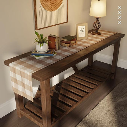 Encasa XO Cotton Dining Table Runner | Buffalo Beige Checks | Size 13x59 in - Machine Washable & Durable