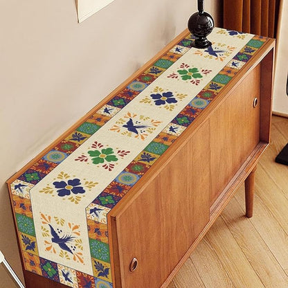 Mexican Table Runner, Orange Floral Birds Mexico Talavera Ceramic Dia De Los Muertos Coffee Table Center Decor for Family Home Kitchen and Dining Farmhouse Indoor Outdoor Table Decorations, 13" X 90"