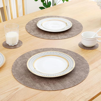 Homaxy Round Faux Leather Placemats and Coasters, Washable Dual-Side Table Mats, Wipeable Heat-Resistant Dining Place Mats for Outdoor and Indoor, Set of 4, Diameter 13 and 3.93 inch, Light Brown