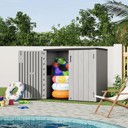 KINYING Outdoor Horizontal Storage Sheds,37 Cu.ft Outdoor Storage Cabinet Waterproof Resin Tool Storage Box for Lawn Mower,Garden Tools and Patio Furniture, Lockable (Grey)