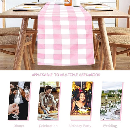 Fabric Checkered Table Runner 1 Pack Waterproof Gingham Table Runner 14W x 108L Buffalo Check Table Runners for Parties Kitchen Dining Wedding Banquet (Pink and White)