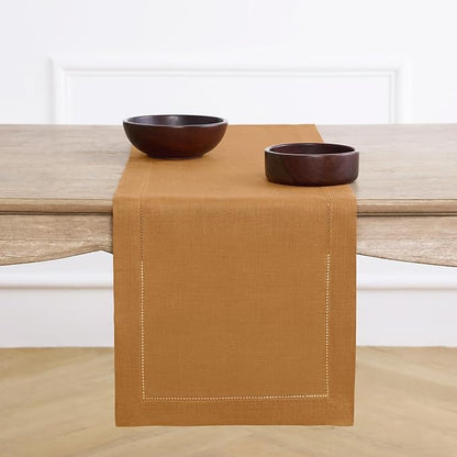 Solino Home Linen Brown Sugar Table Runner 144 Inches Long - 100% Pure Linen Extra Long Table Runner 14 x 144 Inch - Classic Hemstitch