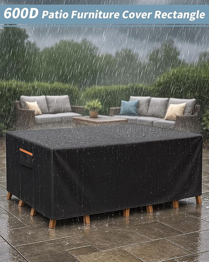 Outdoor Waterproof Furniture Cover, 126W x 74L x 28H inches Heavy Duty 600D Rectangular Table and Chair Set Protection, Black