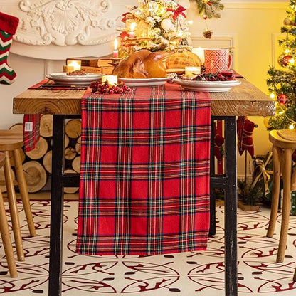 Red Green Plaid Christmas Table Runner, Winter Holiday Table Runners 108 inches Long, Xmas Decorations Indoor Outdoor Farmhouse Home Kitchen Dining Party Decor
