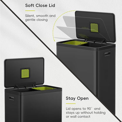 EKO EcoCasa II 36L+24L Dual Trash Can with Recycle Bin, Stainless Steel Garbage Can with Lid, Deodorizer Compartment, Odor-Proof and Fingerprint Resistant, Matte Black