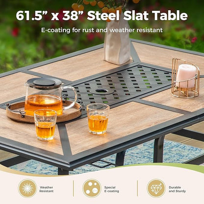 Outdoor Patio Dining Table for 6, 61" x 38" Rectangular Metal Patio Dining Table with Umbrella Hole for Garden, All Weather Wrought Iron Black Outdoor Table Backyard and Porch