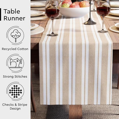 Encasa XO Cotton Dining Table Runner | Franca Beige Stripes | Size 13x91 in - Machine Washable & Durable