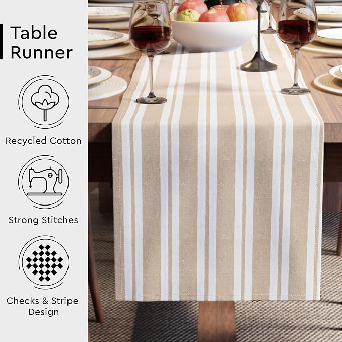 Encasa XO Cotton Dining Table Runner | Franca Beige Stripes | Size 13x72 in - Machine Washable & Durable