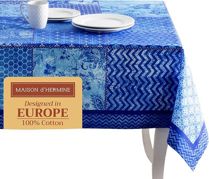 Maison d' Hermine Table Cloth Rectangle Table 100% Cotton 60 x 120 Inches Tablecloth Reusable Decorative for Dining Room, Farmhouse, Home, Party, Festive & Wedding Spring Summer - Indigo Love