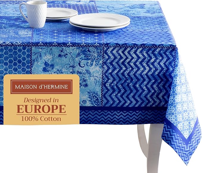 Maison d' Hermine Table Cloth Rectangle Table 100% Cotton 70 x 108 Inches Tablecloth Reusable Decorative for Dining Room, Farmhouse, Home, Party, Festive & Wedding Spring Summer - Indigo Love