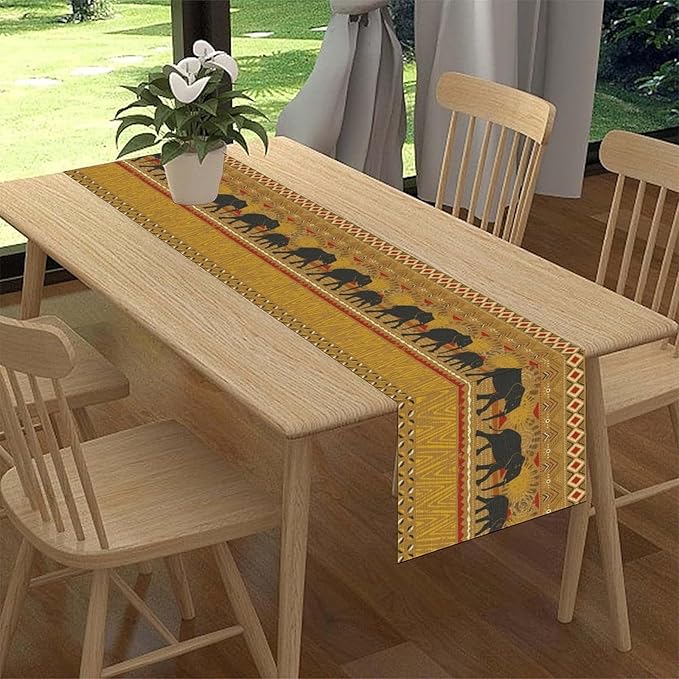 African Tribe Table Runner, Rustic Elephants Tribal Boho Diwali India Traditional Ethnic Folk Yellow Coffee Table Center Decor for Home Kitchen Room Holiday Party Outdoor Table Decorations, 13"x108"