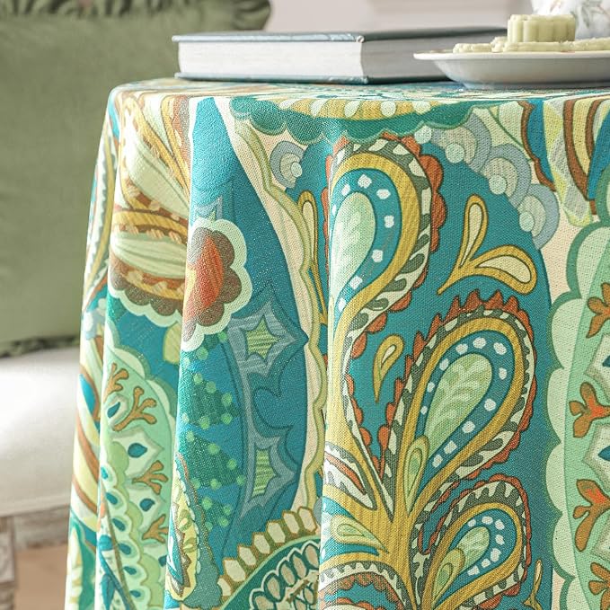Linen 67 Inch Round Tablecloth,Wrinkle Resistant French Green Tablecloth Print with Froal,Decor Stitch Table Cloth for Thanksgiving,Dining Room,Home,Kitchen Diameter 67"-Milen