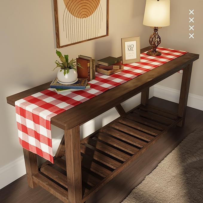Encasa XO Cotton Dining Table Runner | Buffalo Red Checks | Size 13x59 in - Machine Washable & Durable