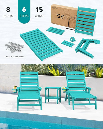 SERWALL Patio Chaise Lounge Chair Set of 2, 78'' Long 5-Positions Adjustable HDPE Outdoor Lounger for Pool, Poly Lounge Chair with Rolling Wheels & Cup Holder for Poolside, Deck, Aqua Blue