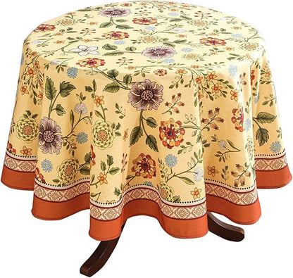 Vintage Linen Tablecloth for Round Table,Yellow Floral French Wrinkle Free Tablecloths,Decorative Table Cover for Kitchen,Dining,Thanksgiving,Party,Farmhouse,Diameter 67"-Bellano
