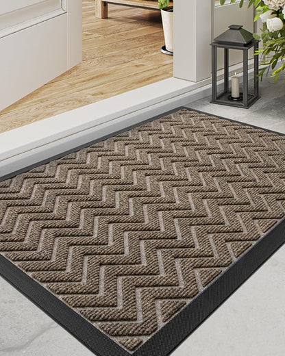 DEXI Front Door Mat Outside Entrance, 17x29 Rubber Entry Doormat Heavy Duty, Welcome Mats Non Slip for Inside House Floor Entryway Back Doors Exterior Patio, Chevron Brown