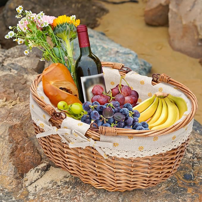 G GOOD GAIN Wicker Picnic Basket with Double Folding Handles,Willow Picnic Hamper,Natural Hand Woven Easter Basket,Easter Eggs and Candy Basket,Bath Storage,Gift Packing Basket.Yellow