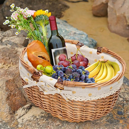 G GOOD GAIN Wicker Picnic Basket with Double Folding Handles,Willow Picnic Hamper,Natural Hand Woven Easter Basket,Easter Eggs and Candy Basket,Bath Storage,Gift Packing Basket.Yellow