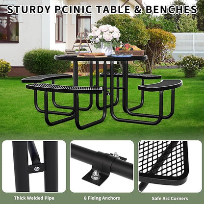 46'' Round Metal Picnic Table for Outdoors, Commercial Steel Metal Picnic Tables, Heavy Duty Sturdy Picnic Tables Furniture Set for Patio Garden Courtyard BBQ, with Umbrella Hole