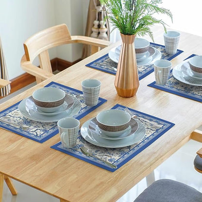 Giwawa 4PCs Chinoiserie Placemats Blue White Floral Birds Decorative Linen Table Mat 12"x18" Oriental Style Classic Flowers Heat Resistant Washable Place Mats for Kitchen Dining Party