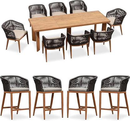 PURPLE LEAF 9 Pieces Outdoor Dining Set Patio Furniture Set Aluminum Rattan Wicker Patio Dining Table and Chairs Set for 8 for Lawn Backyard Deck Brown with Counter Stools