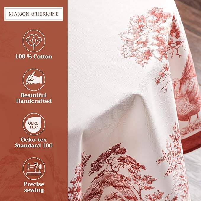 Maison d' Hermine Table Cloth Round Table 100% Cotton 69 Inches Fall Tablecloth Reusable Everyday Use for Thanksgiving Christmas Decorations Dining Farmhouse Party (Holy Jouy - Red)