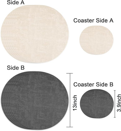 13-Inch Faux Leather Round Placemats Set of 6, Waterproof Anti-Slip Dual Sided Place mats, Heat Resistant Washable Table Mats with Coaster, Suitable for Indoor & Outdoor (6, Black Beige)