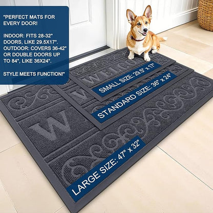 OLANLY Welcome Door Mat Indoor Outdoor Entrance, Heavy Duty Sturdy Front Door Mat, Waterproof All-Weather Doormat, Stain Resistant, Low Profile, Easy Clean Patio Entryway Mat, 47 x 32, Medium Grey