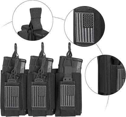 Open-Top Single/Double/Triple Molle Mag Pouch for 5.56mm M4 M16 AK AR Glock M1911 9mm Elastic Rifle Magazines Pistol Mag Pouches Holder Carrier with USA Flag Patch