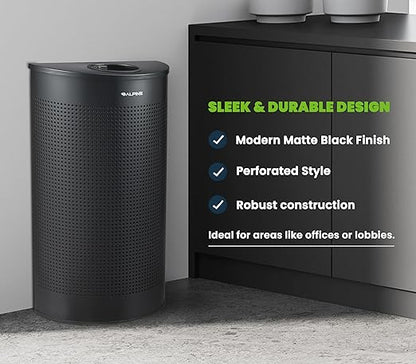 Alpine Half Round Trash Can Open Top - Modern Black Metal 12 Gallon Half Moon, Space Saving Indoor Commercial Trash Cans with Lid, Narrow Garbage Can for Bathroom, Office, Lobby and Business.