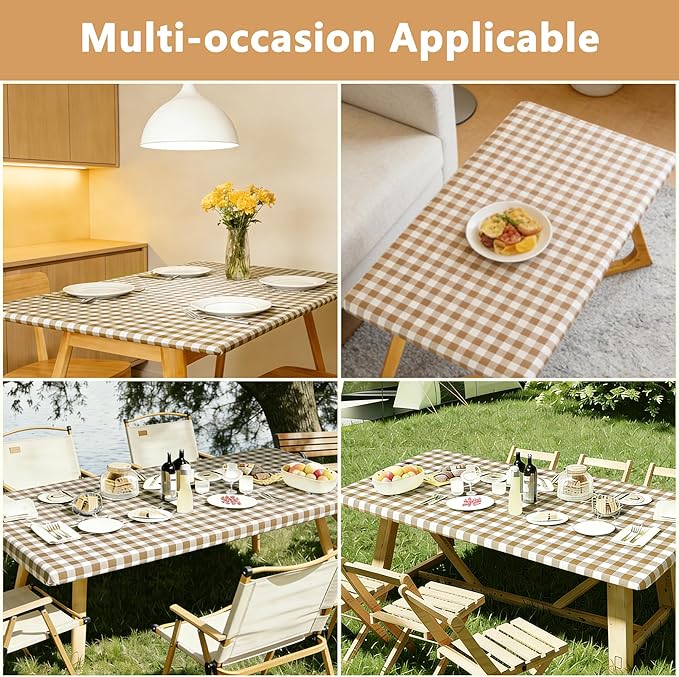 Rectangle Picnic Table Cloth, Elastic Waterproof Fitted Vinyl Tablecloths for 6 Foot Tables, Wipeable Flannel Backed Table Covers for Dining, Camping, Outdoor(Khaki Plaid,30"x72")