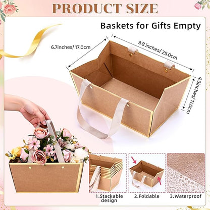 Tuanse 30 Pcs Basket for Gift Empty DIY Bulk Gift Basket Kit with Handle Kraft Cardboard Tray with 30 Bag 30 Bow Market Tray for Wedding Party(Brown Gold,9.8 x 6.7 x 4.3 in)