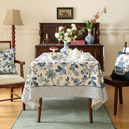 Vintage Blue and White Rectangle Tablecloth,French Linen Floral Wrinkle Free Tablecloths,Decorative Table Cover for Kitchen,Dining,Party,Thanksgiving,Christmas,63"*87"-Suqing