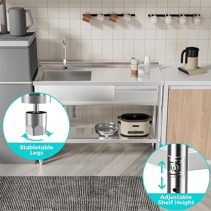 WOEDEN 47" 304 Stainless Steel Utility Sink, Free-Standing Commercial Sink with Workbench, Drawer Storage & Hot/Cold Water Pipes for Laundry, Farmhouse & Outdoor Use