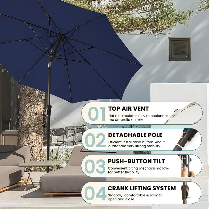 9 FT Outdoor Umbrella Table Umbrella outdoor patio Navy | Large UPF50+ - Image 6
