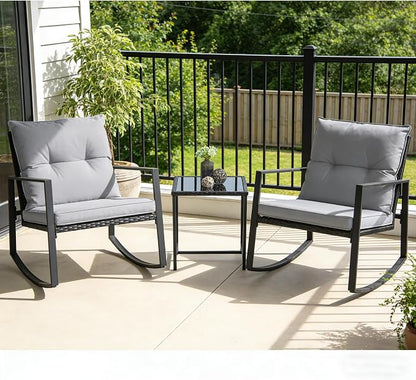 SUNCROWN 3 Piece Outdoor Rocking Bistro Set Black Wicker Furniture Porch Chairs - Image 2