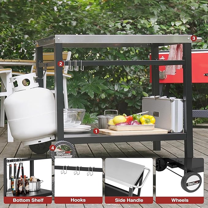 Royal Gourmet Dining Cart Table with Double-Shelf, Movable Stainless Steel Flattop Grill Cart, Hooks, Side Handle, Multifunctional PC3401S (Silver)