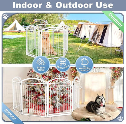 Full Metal Free Standing Dog Gate with Door for Indoor Outdoor, 144'' Extra Wide 36'' Tall Dog Gate for Doorways,Large Openings,Decks,Freestanding Portable Pet Fence(6 Panels,White)