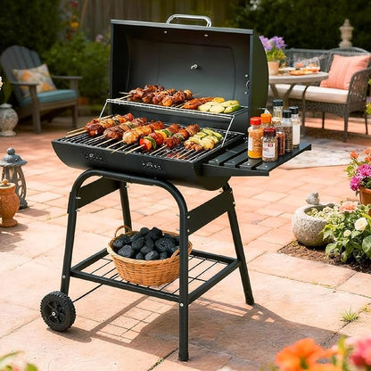 Outvita Barrel Charcoal Grill with Warming Rack, Outdoor BBQ Grill with Side Front Table with Spacious Cooking Grid Area for Backyard Patio Picnic Parties Camping, Black