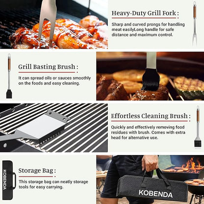 BBQ Grill Tools Set, Stainless Steel Grilling Set with Storage Bag, Spatula, Fork, Cleaning Brush BBQ Accessories, Grill Accessories for Outdoor Cooking Camping, Grilling Gifts for Men