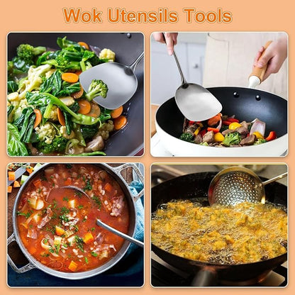 FJNATINH 304 Stainless Steel Kitchen Utensil Sets-6 PCS Wok Spatula Sets Cooking Utensil Tools Spatula, Soup Ladle, Skimmer, Slotted Spatulas Tunner, Spaghetti Spoon